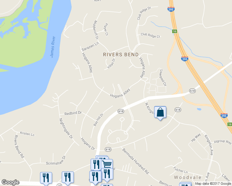map of restaurants, bars, coffee shops, grocery stores, and more near 12412 Hogans Alley in Chester