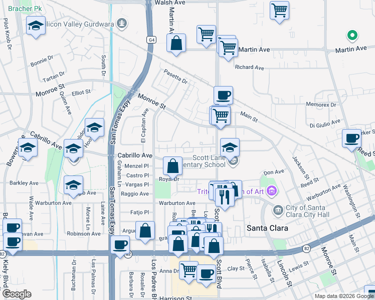 map of restaurants, bars, coffee shops, grocery stores, and more near 2141 Cabrillo Avenue in Santa Clara