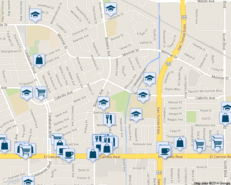 map of restaurants, bars, coffee shops, grocery stores, and more near 2582 Cabrillo Avenue in Santa Clara