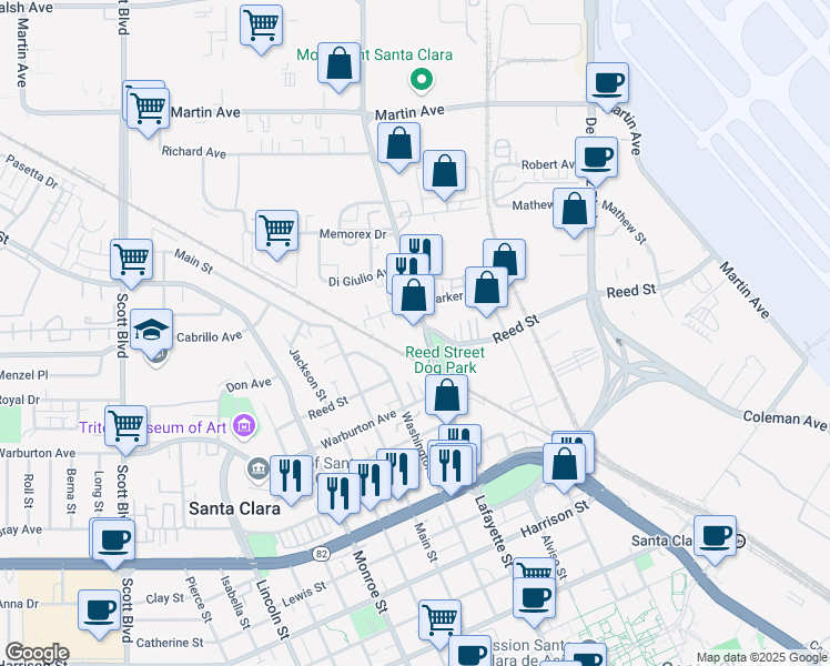 map of restaurants, bars, coffee shops, grocery stores, and more near 1900 Lafayette Street in Santa Clara