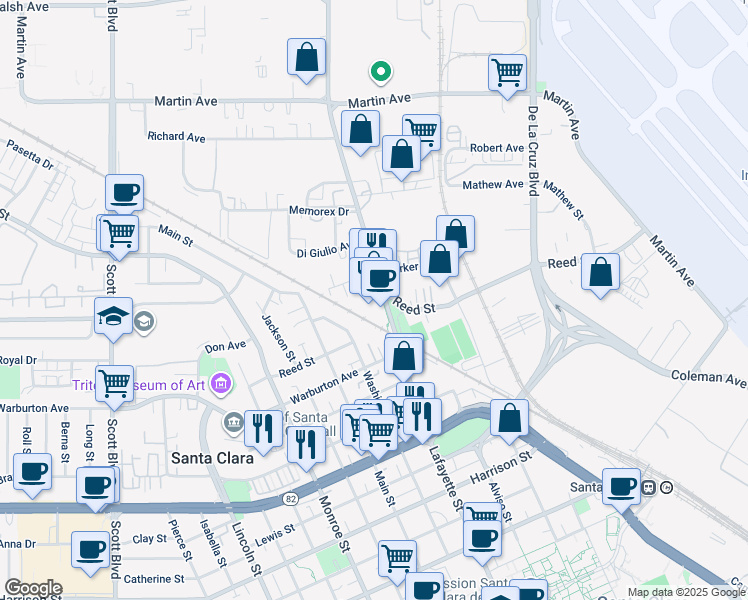 map of restaurants, bars, coffee shops, grocery stores, and more near 1900 Lafayette Street in Santa Clara