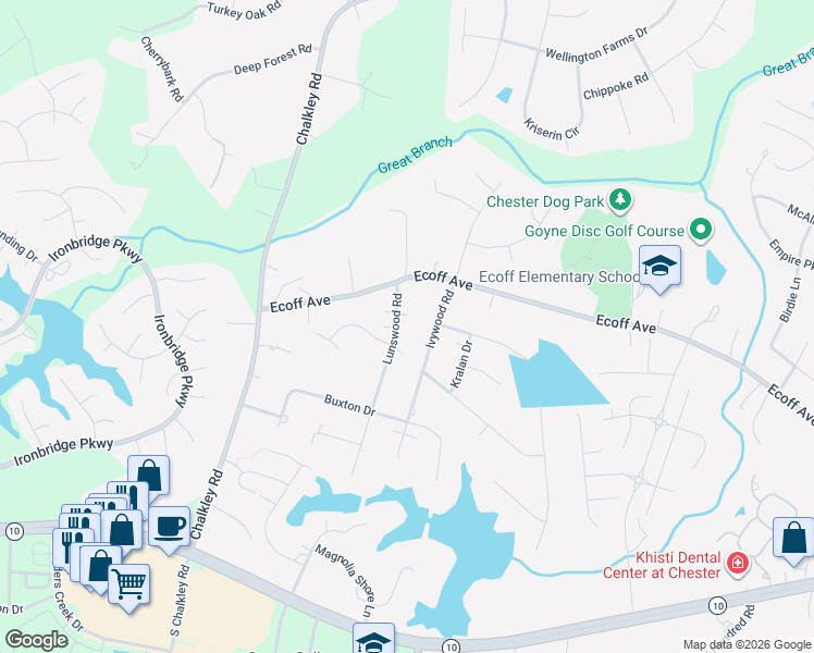 map of restaurants, bars, coffee shops, grocery stores, and more near 10561 Lunswood Road in Chester