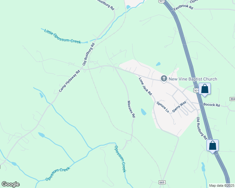 map of restaurants, bars, coffee shops, grocery stores, and more near County Road 634 in Lynchburg