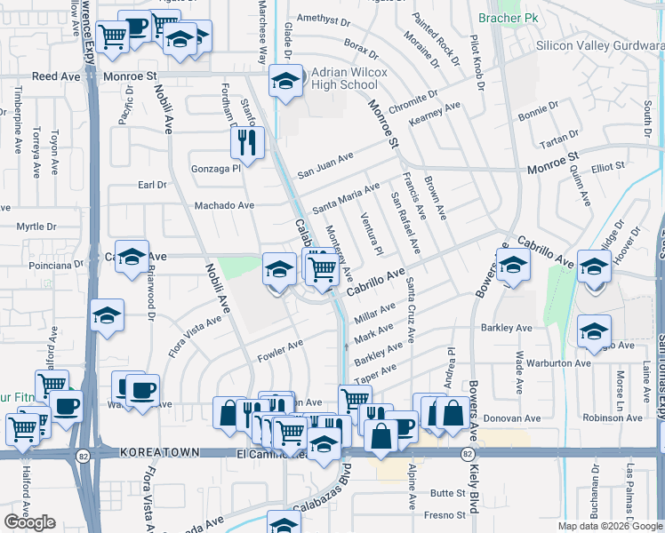 map of restaurants, bars, coffee shops, grocery stores, and more near 2121 Calabazas Boulevard in Santa Clara