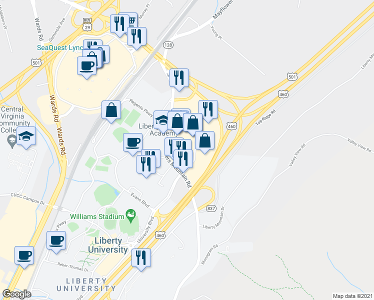 map of restaurants, bars, coffee shops, grocery stores, and more near 3756 Candlers Mountain Road in Lynchburg