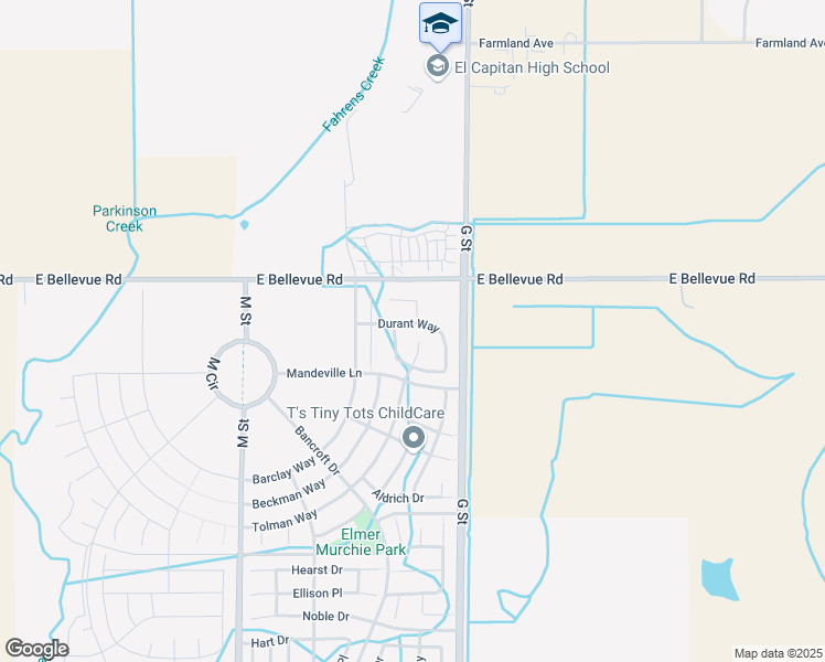 map of restaurants, bars, coffee shops, grocery stores, and more near 4907 Durant Way in Merced