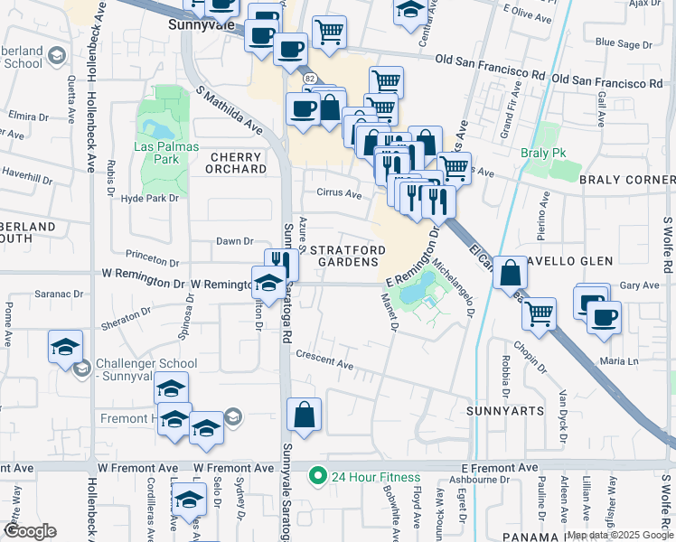 map of restaurants, bars, coffee shops, grocery stores, and more near 175 East Remington Drive in Sunnyvale