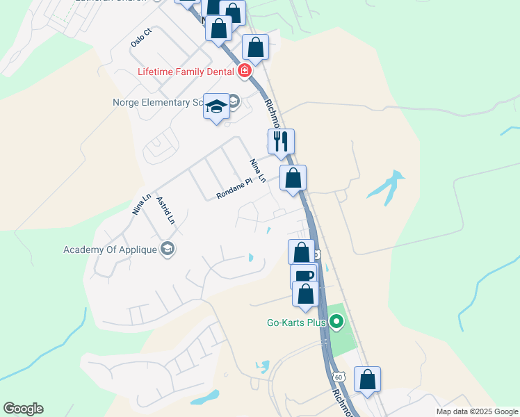 map of restaurants, bars, coffee shops, grocery stores, and more near 603 Rustads Circle in Williamsburg