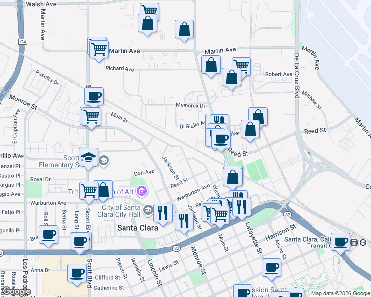 map of restaurants, bars, coffee shops, grocery stores, and more near 2040 Main Street in Santa Clara