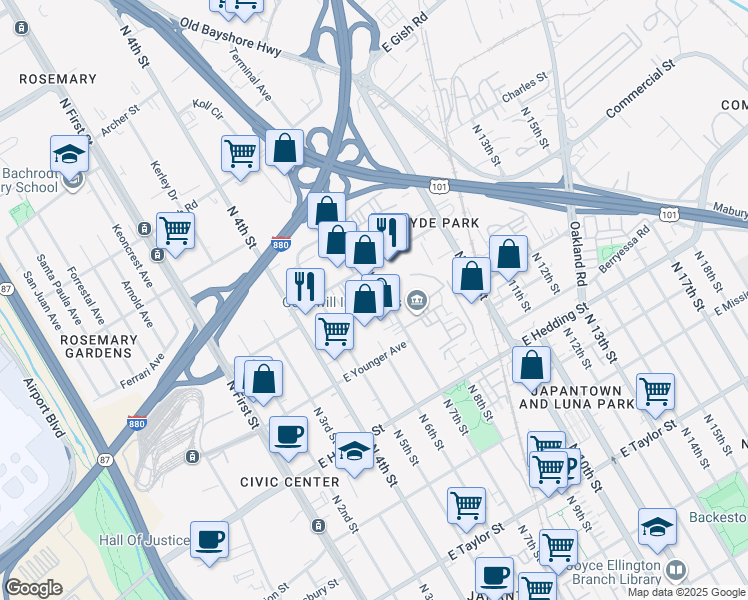 map of restaurants, bars, coffee shops, grocery stores, and more near 254 Kinney Dr in San Jose
