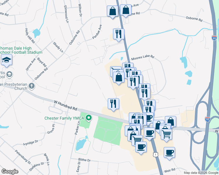 map of restaurants, bars, coffee shops, grocery stores, and more near 2932 Mountclair Road in Chester