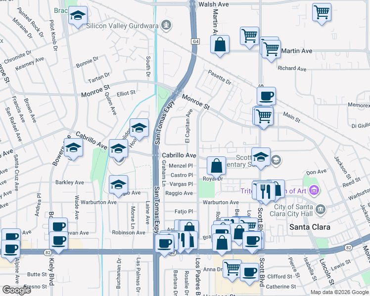 map of restaurants, bars, coffee shops, grocery stores, and more near 2358 Cabrillo Avenue in Santa Clara