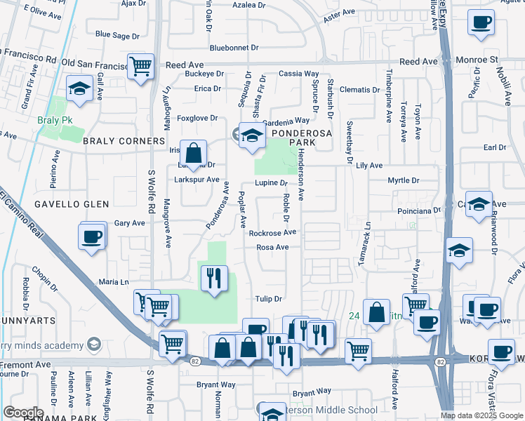 map of restaurants, bars, coffee shops, grocery stores, and more near 887 Poppy Court in Sunnyvale