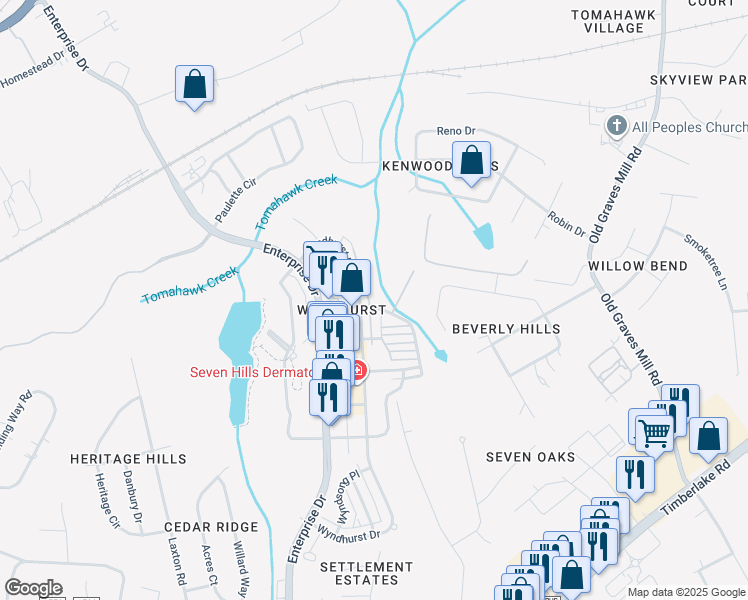 map of restaurants, bars, coffee shops, grocery stores, and more near 653 Wyndhurst Drive in Lynchburg
