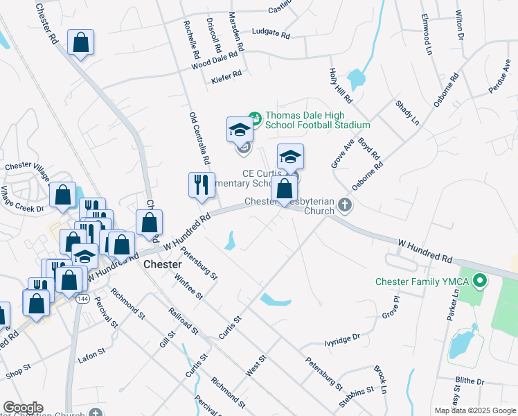 map of restaurants, bars, coffee shops, grocery stores, and more near 3627 West Hundred Road in Chester