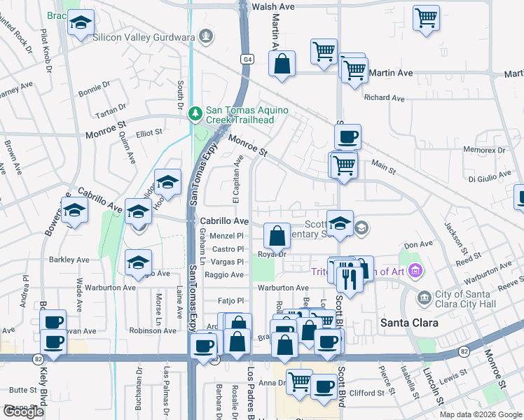 map of restaurants, bars, coffee shops, grocery stores, and more near 2051 Holly Branch Court in Santa Clara
