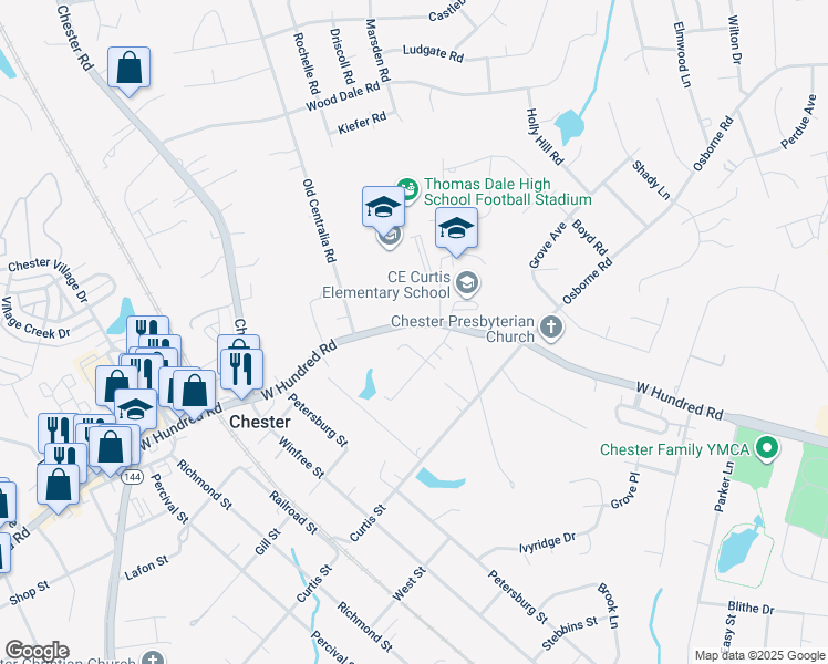 map of restaurants, bars, coffee shops, grocery stores, and more near 3627 West Hundred Road in Chester