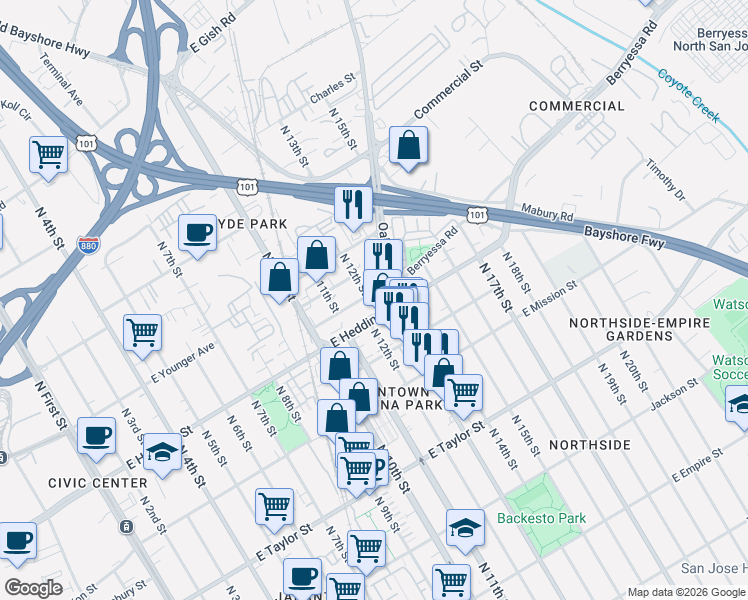 map of restaurants, bars, coffee shops, grocery stores, and more near 899 North 13th Street in San Jose