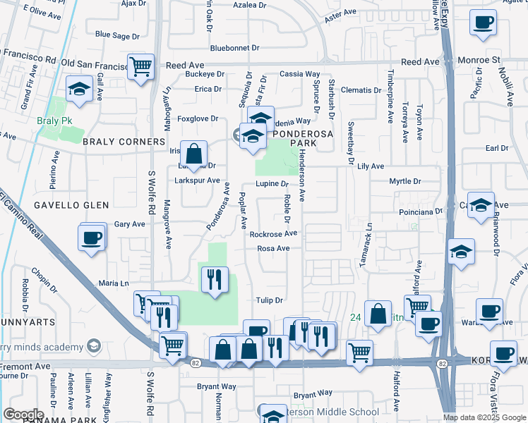 map of restaurants, bars, coffee shops, grocery stores, and more near 887 Poppy Court in Sunnyvale