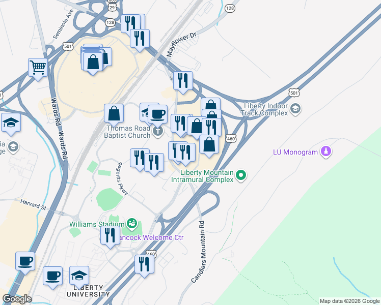 map of restaurants, bars, coffee shops, grocery stores, and more near 3756 Candlers Mountain Road in Lynchburg