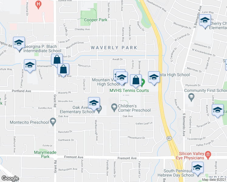 map of restaurants, bars, coffee shops, grocery stores, and more near 1130 Bruckner Circle in Mountain View