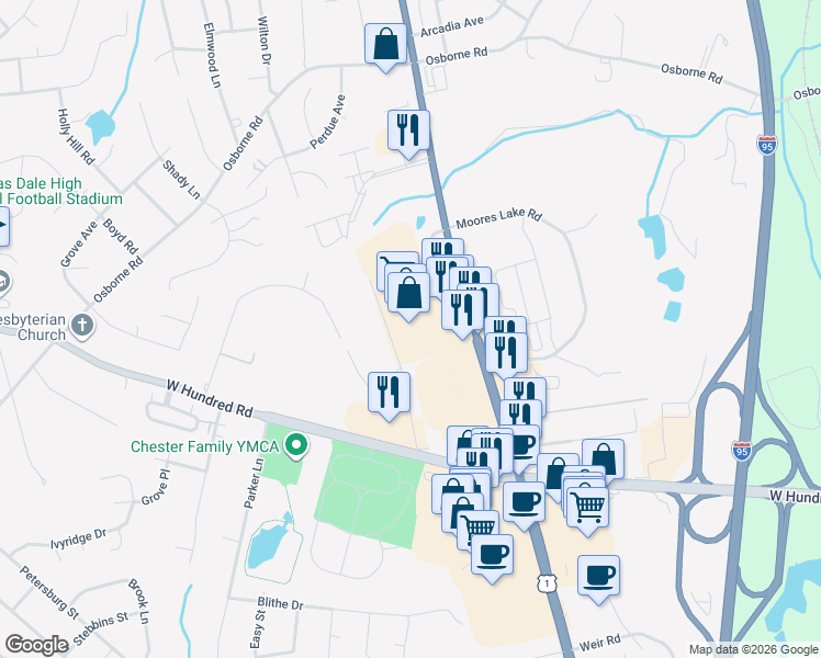 map of restaurants, bars, coffee shops, grocery stores, and more near 12228 Bermuda Crossroad Lane in Chester
