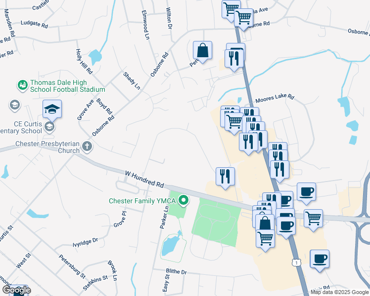 map of restaurants, bars, coffee shops, grocery stores, and more near 12107 Park Road in Chester
