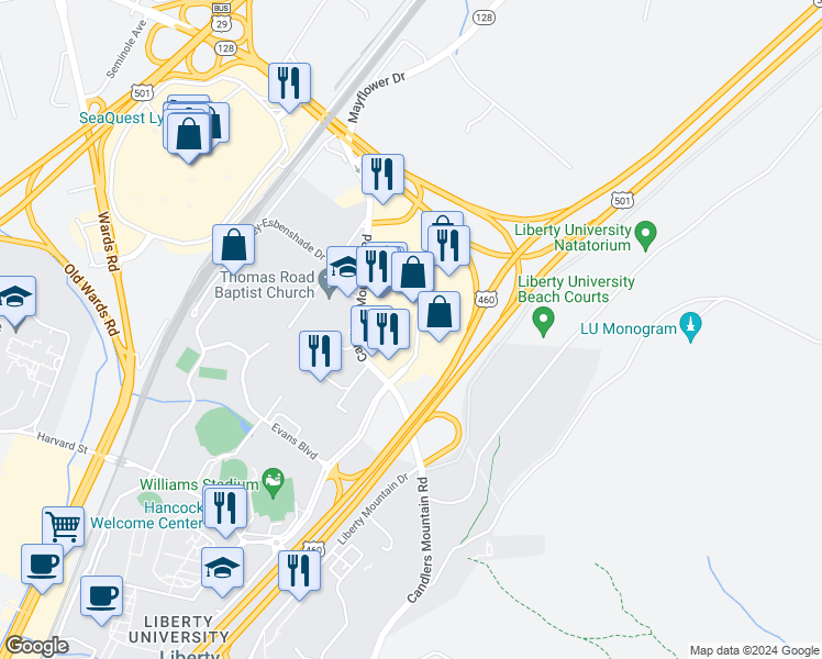 map of restaurants, bars, coffee shops, grocery stores, and more near 152 Montview Forest Drive in Lynchburg