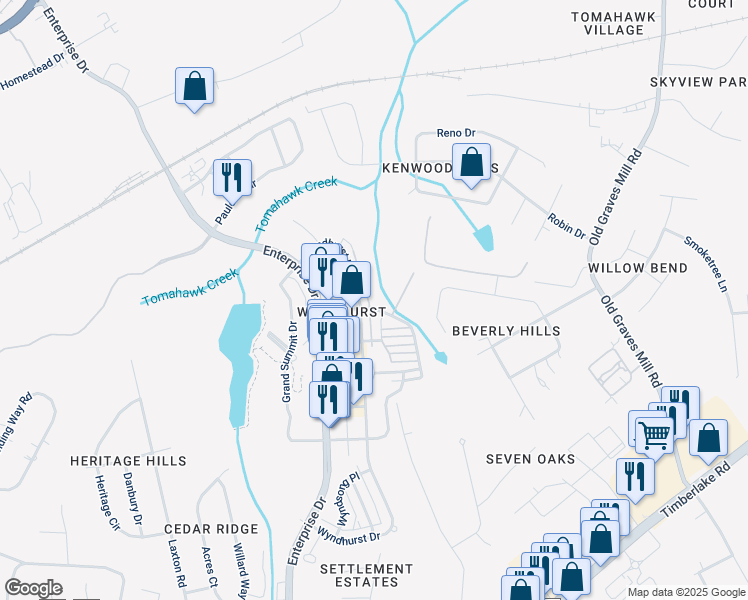 map of restaurants, bars, coffee shops, grocery stores, and more near 255 Northwynd Circle in Lynchburg