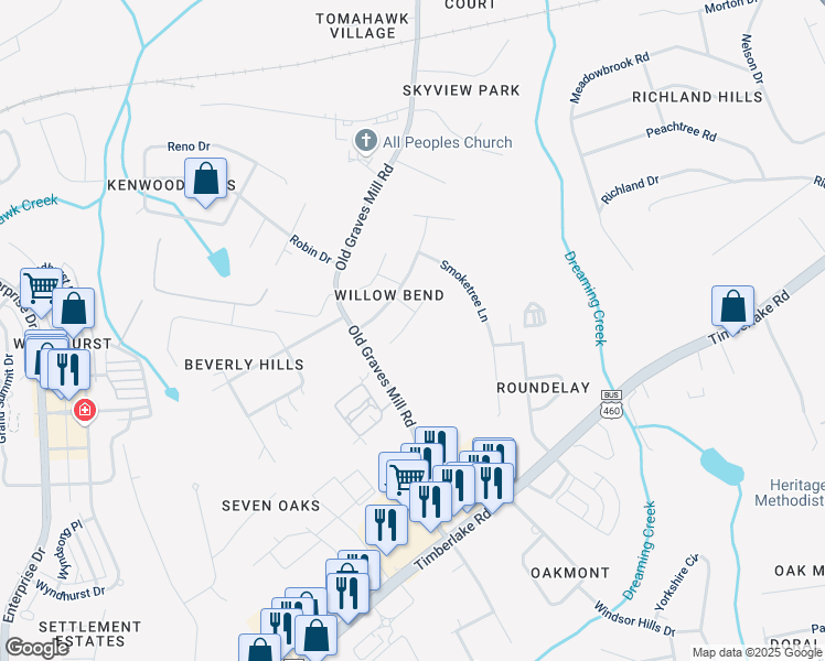 map of restaurants, bars, coffee shops, grocery stores, and more near 104 Whispering Pines Ct in Lynchburg