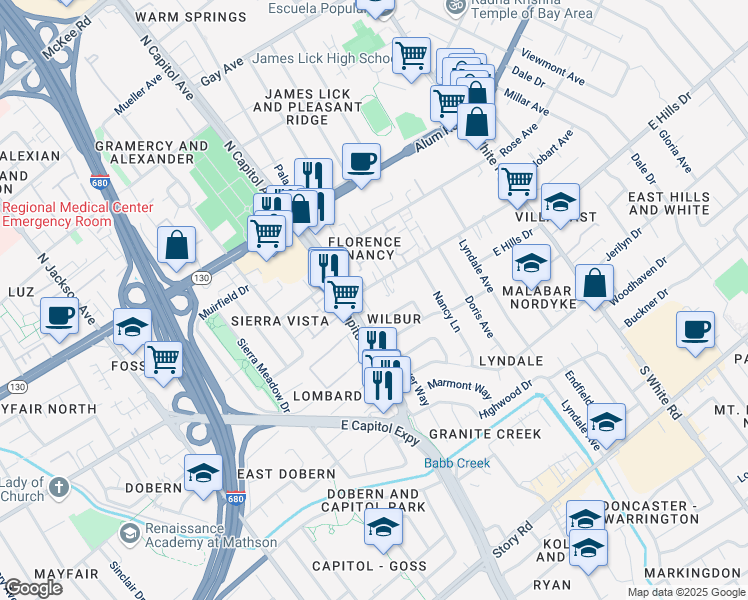 map of restaurants, bars, coffee shops, grocery stores, and more near 13561 Emilie Drive in San Jose