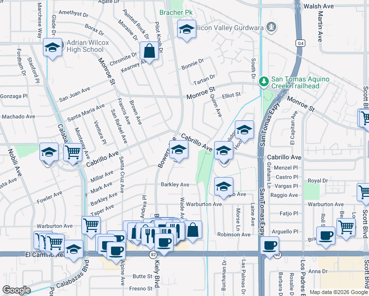map of restaurants, bars, coffee shops, grocery stores, and more near 2059 Larsen Court in Santa Clara
