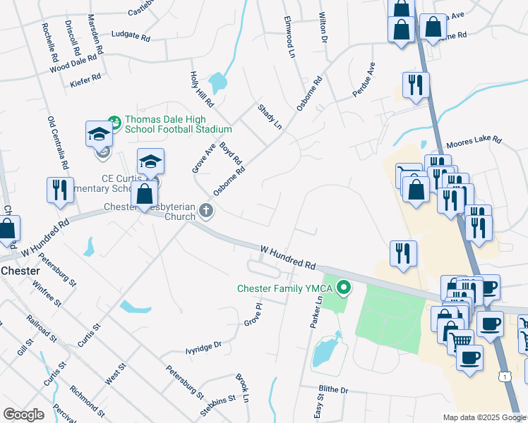 map of restaurants, bars, coffee shops, grocery stores, and more near 3207 Poinsetta Ct in Chester