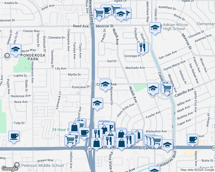 map of restaurants, bars, coffee shops, grocery stores, and more near 3510 Cabrillo Avenue in Santa Clara