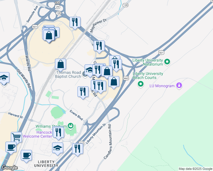 map of restaurants, bars, coffee shops, grocery stores, and more near 150 Montview Forest Drive in Lynchburg