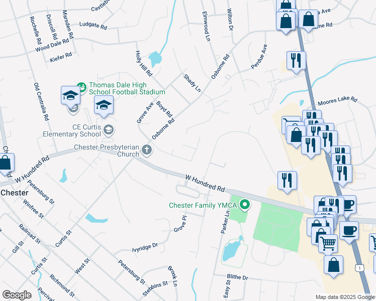 map of restaurants, bars, coffee shops, grocery stores, and more near 3207 Poinsetta Ct in Chester