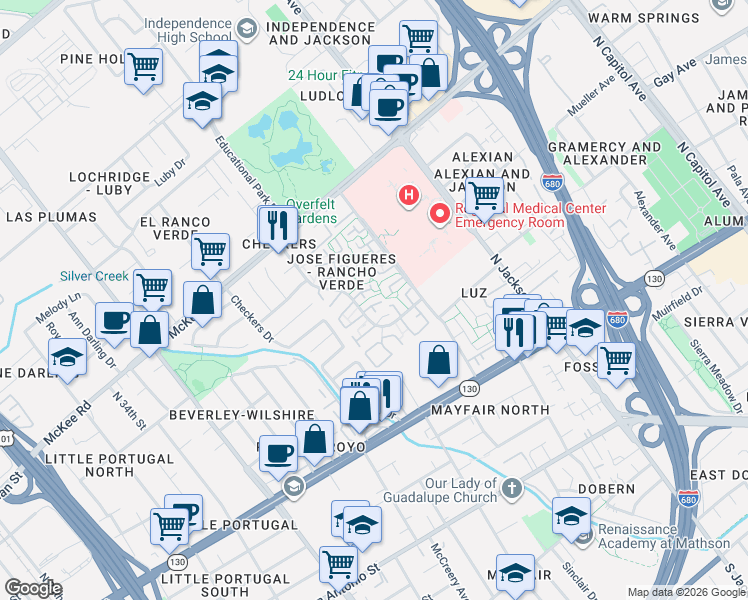 map of restaurants, bars, coffee shops, grocery stores, and more near 2054 Ojo De Agua Court in San Jose