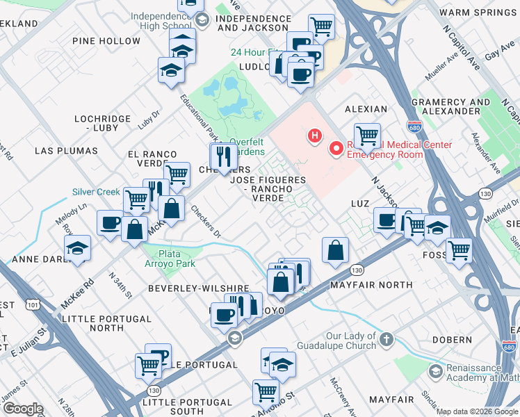 map of restaurants, bars, coffee shops, grocery stores, and more near 276 Palacio Royale Circle in San Jose