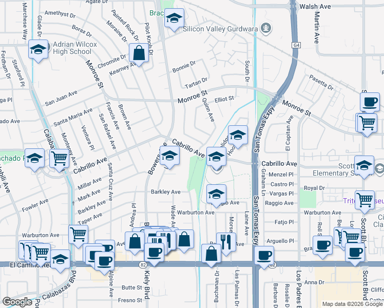 map of restaurants, bars, coffee shops, grocery stores, and more near 2582 Cabrillo Avenue in Santa Clara