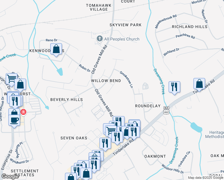 map of restaurants, bars, coffee shops, grocery stores, and more near 104 Whispering Pines Ct in Lynchburg