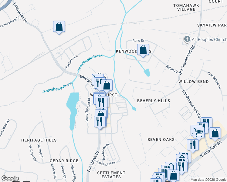 map of restaurants, bars, coffee shops, grocery stores, and more near 653 Wyndhurst Drive in Lynchburg