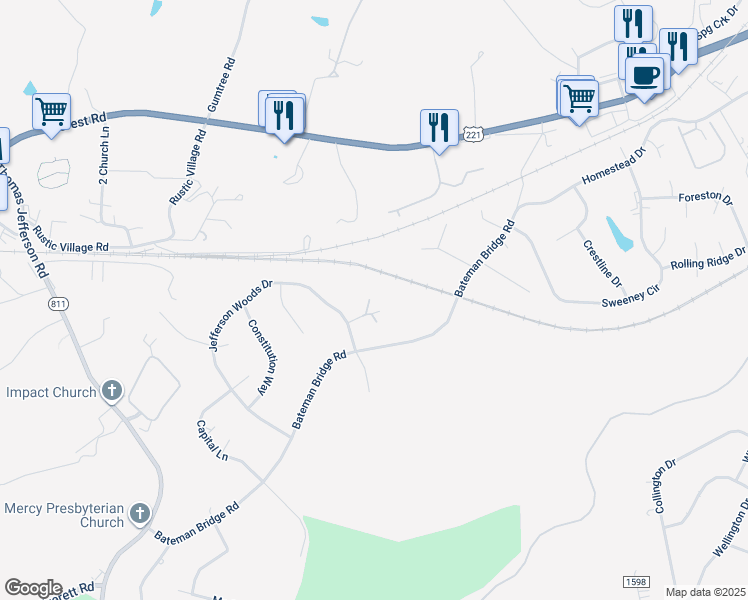 map of restaurants, bars, coffee shops, grocery stores, and more near 10 Jefferson Village Drive in Forest