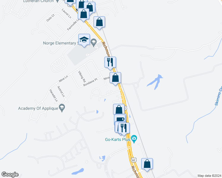 map of restaurants, bars, coffee shops, grocery stores, and more near 104 Kinde Circle in Williamsburg