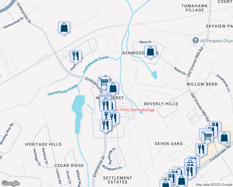 map of restaurants, bars, coffee shops, grocery stores, and more near 698 Wyndhurst Drive in Lynchburg