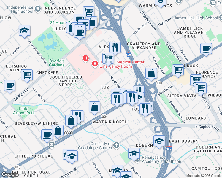 map of restaurants, bars, coffee shops, grocery stores, and more near 2193 Luz Avenue in San Jose