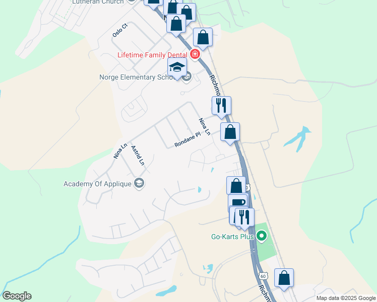 map of restaurants, bars, coffee shops, grocery stores, and more near 1101 Rustads Cir in Williamsburg
