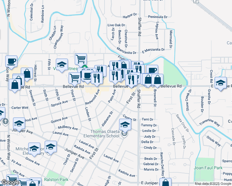 map of restaurants, bars, coffee shops, grocery stores, and more near 2662 Palm Avenue in Atwater