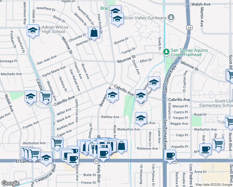 map of restaurants, bars, coffee shops, grocery stores, and more near 2059 Larsen Court in Santa Clara