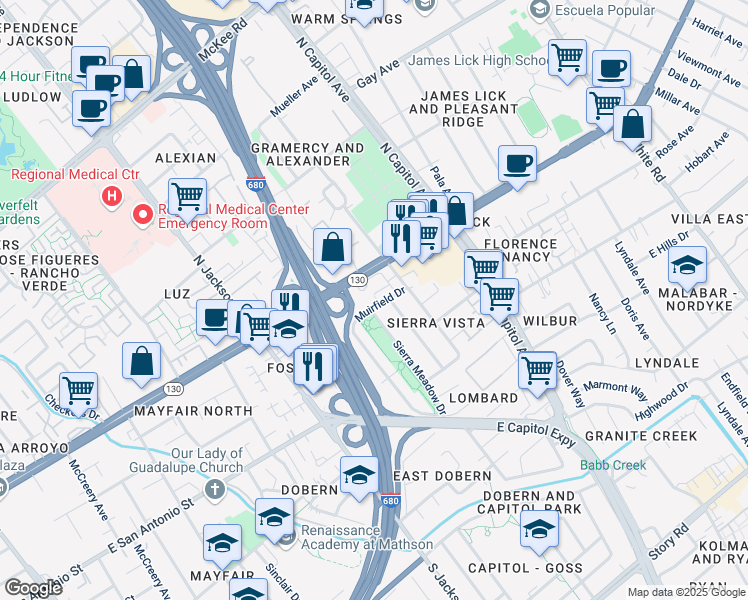 map of restaurants, bars, coffee shops, grocery stores, and more near 42 Muirfield Court in San Jose