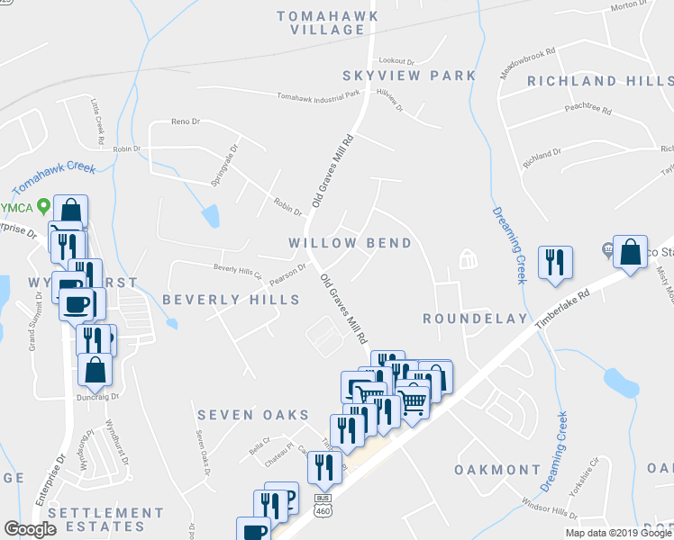 map of restaurants, bars, coffee shops, grocery stores, and more near 102 Willow Bend Drive in Lynchburg